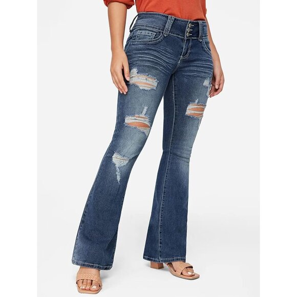 Women’s Ripped Wide Leg Jeans Low Rise Stretch Denim Plus Size Pants - Picture 4 of 9